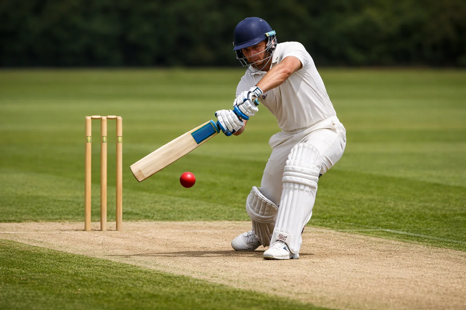 Cricketspeler slaat de bal op een grasgroene pitch met wickets op de achtergrond