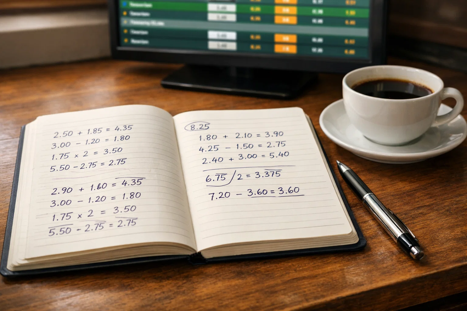 Notitieboek met berekeningen en een pen naast een scherm met cricketodds