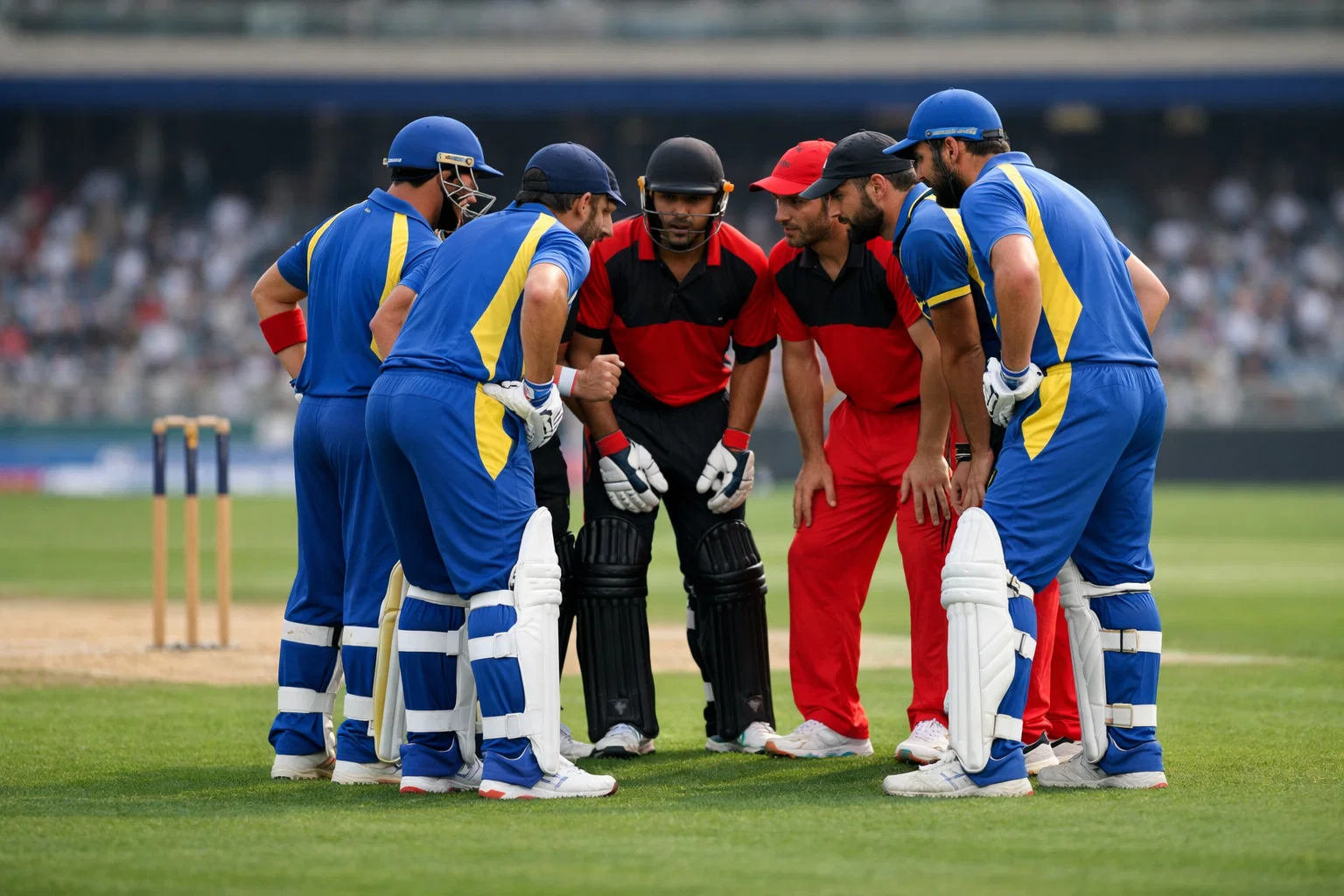 Cricketteam in overleg op het veld tijdens een strategische time-out bij een T20-wedstrijd