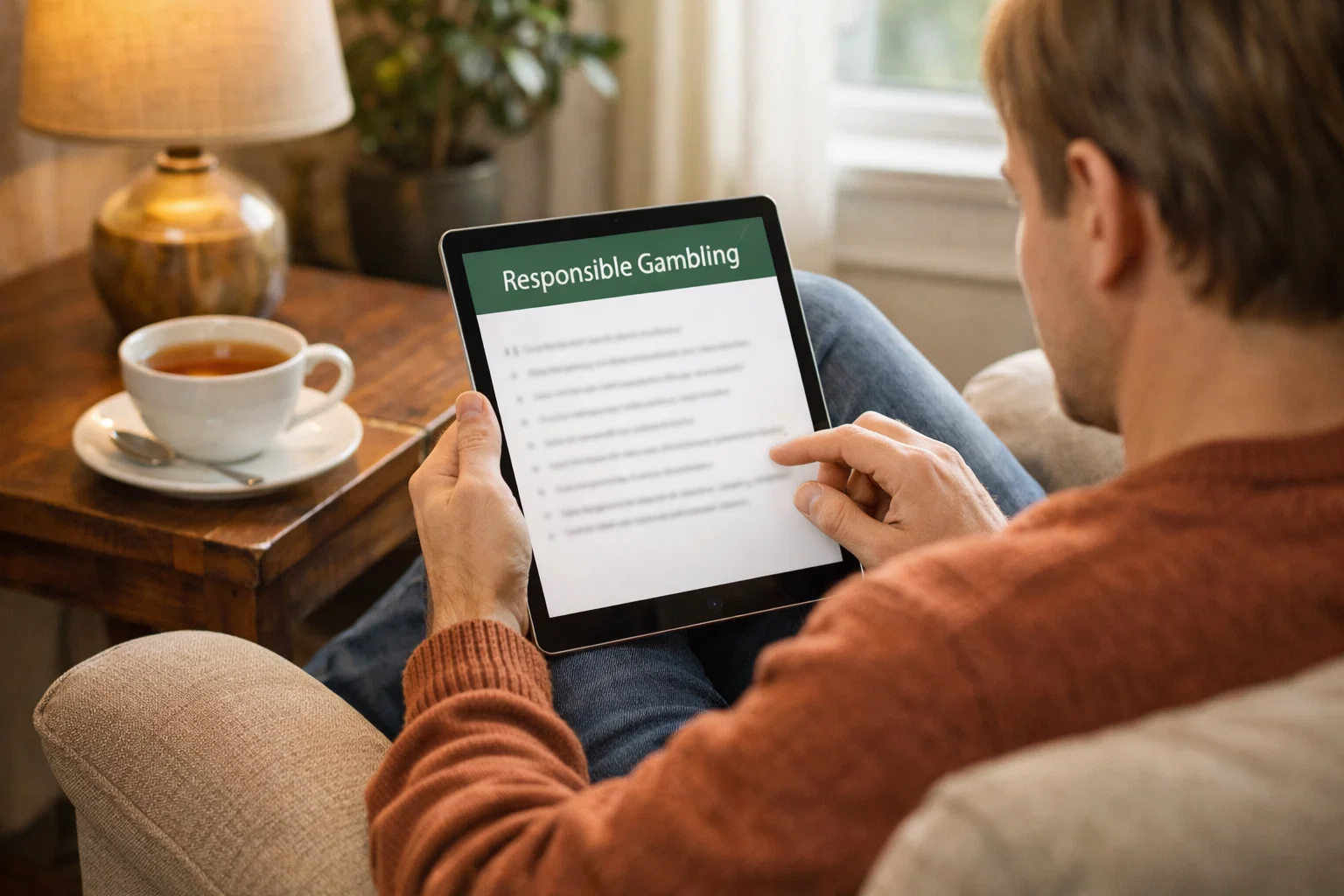 Persoon leest informatie over verantwoord gokken op een tablet met een kop thee
